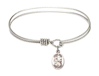 6 1/4 inch Oval Eye Hook Rhodium Bangle Bracelet with a Sterling Silver Saint Fina charm. Engraved Catholic Saint Jewelry