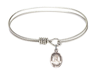 6 1/4 inch Oval Eye Hook Rhodium Bangle Bracelet with a Sterling Silver Saint John Berchmans charm. Engraved Catholic Saint Jewelry