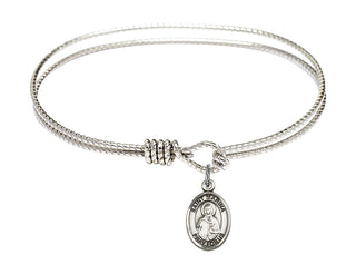 6 1/4 inch Oval Eye Hook Rhodium Bangle Bracelet with a Sterling Silver Saint Marina charm. Engraved Catholic Saint Jewelry
