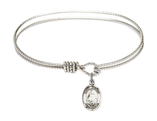 6 1/4 inch Oval Eye Hook Rhodium Bangle Bracelet with a Sterling Silver Saint Theodora charm. Engraved Catholic Saint Jewelry