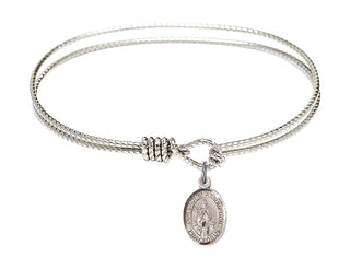 6 1/4 inch Oval Eye Hook Rhodium Bangle Bracelet with a Sterling Silver Our Lady of Assumption charm. Engraved Catholic Saint Jewelry