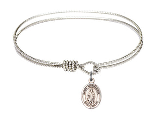 6 1/4 inch Oval Eye Hook Rhodium Bangle Bracelet with a Sterling Silver Saint Nathanael charm. Engraved Catholic Saint Jewelry