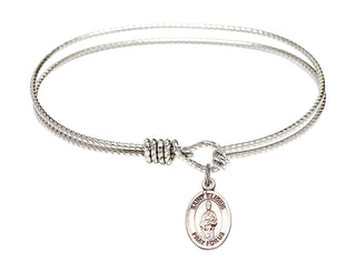 6 1/4 inch Oval Eye Hook Rhodium Bangle Bracelet with a Sterling Silver Saint Eligius charm. Engraved Catholic Saint Jewelry