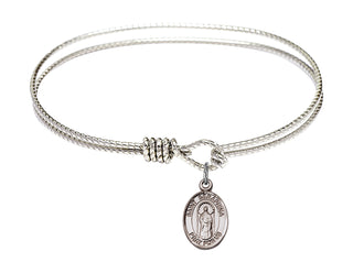 6 1/4 inch Oval Eye Hook Rhodium Bangle Bracelet with a Sterling Silver Saint Seraphina charm. Engraved Catholic Saint Jewelry