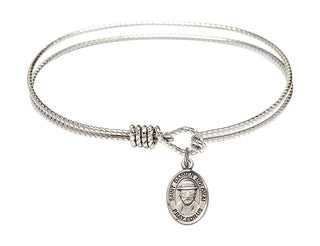 6 1/4 inch Oval Eye Hook Rhodium Bangle Bracelet with a Sterling Silver Saint Damien of Molokai charm. Engraved Catholic Saint Jewelry