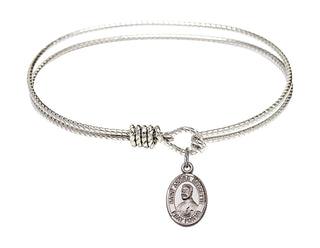 6 1/4 inch Oval Eye Hook Rhodium Bangle Bracelet with a Sterling Silver Saint Andre Bessette charm. Engraved Catholic Saint Jewelry