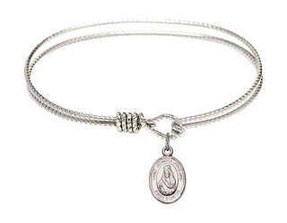 6 1/4 inch Oval Eye Hook Rhodium Bangle Bracelet with a Sterling Silver Saint Jadwiga of Poland charm. Engraved Catholic Saint Jewelry