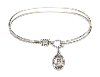 6 1/4 inch Oval Eye Hook Rhodium Bangle Bracelet with a Sterling Silver Saint Kateri Tekakwitha charm. Engraved Catholic Saint Jewelry