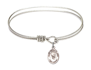 6 1/4 inch Oval Eye Hook Rhodium Bangle Bracelet with a Sterling Silver Saint Peter Claver charm. Engraved Catholic Saint Jewelry