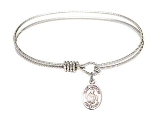 6 1/4 inch Oval Eye Hook Rhodium Bangle Bracelet with a Sterling Silver Saint Norbert of Xanten charm. Engraved Catholic Saint Jewelry