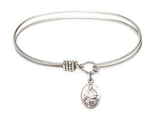 6 1/4 inch Oval Eye Hook Rhodium Bangle Bracelet with a Sterling Silver Pope Francis charm.
