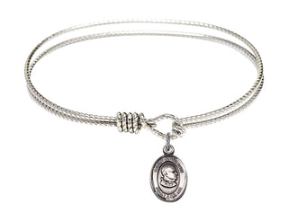 6 1/4 inch Oval Eye Hook Rhodium Bangle Bracelet with a Sterling Silver St John Xxiii charm. Engraved Catholic Saint Jewelry