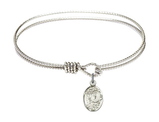 6 1/4 inch Oval Eye Hook Rhodium Bangle Bracelet with a Sterling Silver Miraculous charm.