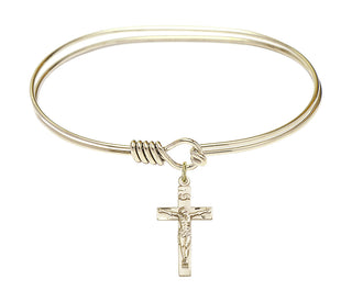 7 inch Oval Eye Hook Hamilton Gold Bangle Bracelet with a 14kt Gold Filled Crucifix charm.