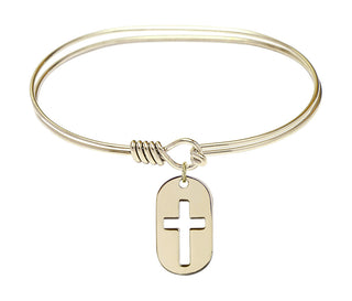 7 inch Oval Eye Hook Hamilton Gold Bangle Bracelet with a 14kt Gold Filled Cross Dog Tag charm.
