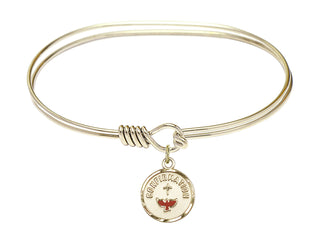 7 inch Oval Eye Hook Hamilton Gold Bangle Bracelet with a 14kt Gold Filled Confirmation charm. Engraved Catholic Saint Jewelry