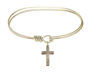 7 inch Oval Eye Hook Hamilton Gold Bangle Bracelet with a 14kt Gold Filled Crucifix charm.