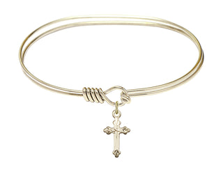 7 inch Oval Eye Hook Hamilton Gold Bangle Bracelet with a 14kt Gold Filled Cross charm.