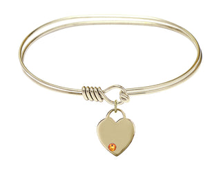7 inch Oval Eye Hook Hamilton Gold Bangle Bracelet with a 14kt Gold Filled Heart charm. Engraved Catholic Saint Jewelry
