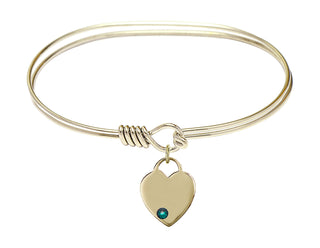 7 inch Oval Eye Hook Hamilton Gold Bangle Bracelet with a 14kt Gold Filled Heart charm. Engraved Catholic Saint Jewelry
