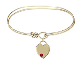 7 inch Oval Eye Hook Hamilton Gold Bangle Bracelet with a 14kt Gold Filled Heart charm. Engraved Catholic Saint Jewelry