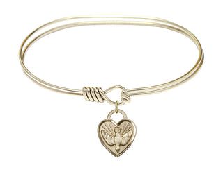 7 inch Oval Eye Hook Hamilton Gold Bangle Bracelet with a 14kt Gold Filled Confirmation Heart charm. Engraved Catholic Saint Jewelry