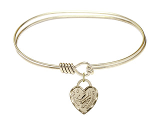 7 inch Oval Eye Hook Hamilton Gold Bangle Bracelet with a 14kt Gold Filled Graduation Heart charm. Engraved Catholic Saint Jewelry