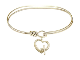 7 inch Oval Eye Hook Hamilton Gold Bangle Bracelet with a 14kt Gold Filled Heart / Cross charm.