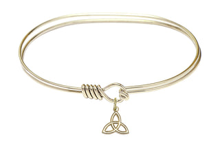 7 inch Oval Eye Hook Hamilton Gold Bangle Bracelet with a 14kt Gold Filled Trinity Irish Knot charm.