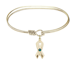 7 inch Oval Eye Hook Hamilton Gold Bangle Bracelet with a 14kt Gold Filled Cancer Awareness charm.