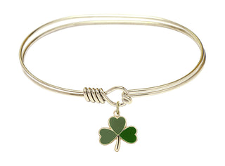 7 inch Oval Eye Hook Hamilton Gold Bangle Bracelet with a 14kt Gold Filled Shamrock charm.