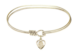 7 inch Oval Eye Hook Hamilton Gold Bangle Bracelet with a 14kt Gold Filled Guardian Angel charm. Engraved Catholic Saint Jewelry