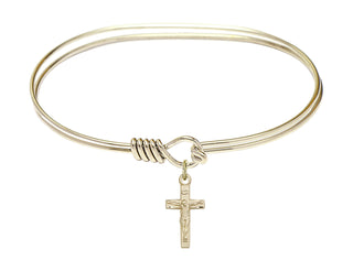 7 inch Oval Eye Hook Hamilton Gold Bangle Bracelet with a 14kt Gold Filled Crucifix charm.