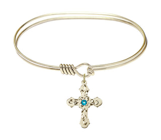 7 inch Oval Eye Hook Hamilton Gold Bangle Bracelet with a 14kt Gold Filled Cross charm. Engraved Catholic Saint Jewelry
