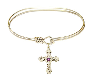 7 inch Oval Eye Hook Hamilton Gold Bangle Bracelet with a 14kt Gold Filled Cross charm. Engraved Catholic Saint Jewelry