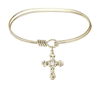 7 inch Oval Eye Hook Hamilton Gold Bangle Bracelet with a 14kt Gold Filled Cross charm. Engraved Catholic Saint Jewelry