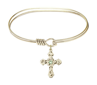 7 inch Oval Eye Hook Hamilton Gold Bangle Bracelet with a 14kt Gold Filled Cross charm. Engraved Catholic Saint Jewelry