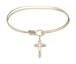 7 inch Oval Eye Hook Hamilton Gold Bangle Bracelet with a 14kt Gold Filled Cross on Cross charm. Engraved Catholic Saint Jewelry