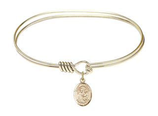 7 inch Oval Eye Hook Hamilton Gold Bangle Bracelet with a 14kt Gold Filled Saint Anthony of Padua charm. Engraved Catholic Saint Jewelry