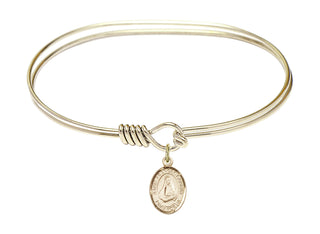 7 inch Oval Eye Hook Hamilton Gold Bangle Bracelet with a 14kt Gold Filled Saint Frances Cabrini charm. Engraved Catholic Saint Jewelry