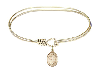 7 inch Oval Eye Hook Hamilton Gold Bangle Bracelet with a 14kt Gold Filled Saint Brendan the Navigator charm. Engraved Catholic Saint Jewelry