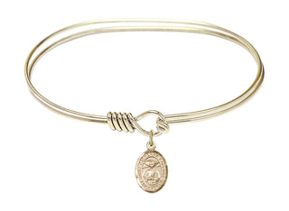 7 inch Oval Eye Hook Hamilton Gold Bangle Bracelet with a 14kt Gold Filled Saint Catherine Laboure charm. Engraved Catholic Saint Jewelry