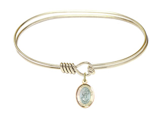 7 inch Oval Eye Hook Hamilton Gold Bangle Bracelet with a 14kt Gold Filled Saint Christopher charm. Engraved Catholic Saint Jewelry