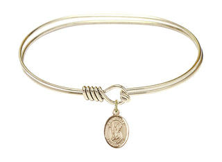7 inch Oval Eye Hook Hamilton Gold Bangle Bracelet with a 14kt Gold Filled Saint Helen charm. Engraved Catholic Saint Jewelry