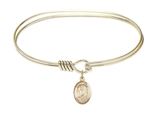 7 inch Oval Eye Hook Hamilton Gold Bangle Bracelet with a 14kt Gold Filled Saint Jude Thaddeus charm. Engraved Catholic Saint Jewelry