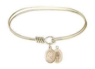 7 inch Oval Eye Hook Hamilton Gold Bangle Bracelet with a 14kt Gold Filled Miraculous charm. Engraved Catholic Saint Jewelry