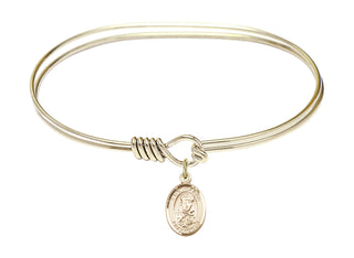 7 inch Oval Eye Hook Hamilton Gold Bangle Bracelet with a 14kt Gold Filled Saint Sarah charm. Engraved Catholic Saint Jewelry