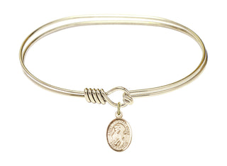 7 inch Oval Eye Hook Hamilton Gold Bangle Bracelet with a 14kt Gold Filled Saint Thomas More charm. Engraved Catholic Saint Jewelry