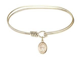 7 inch Oval Eye Hook Hamilton Gold Bangle Bracelet with a 14kt Gold Filled Saint Zachary charm. Engraved Catholic Saint Jewelry