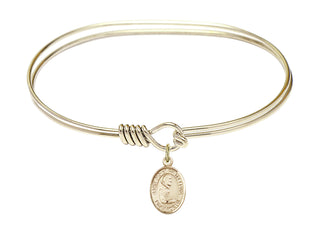 7 inch Oval Eye Hook Hamilton Gold Bangle Bracelet with a 14kt Gold Filled Saint Pio of Pietrelcina charm. Engraved Catholic Saint Jewelry